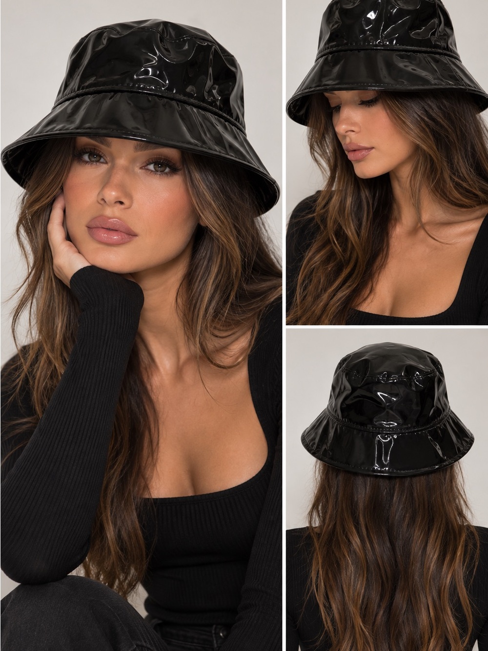 Vintage Jessica Black Patent Leather-Look Bucket Hat